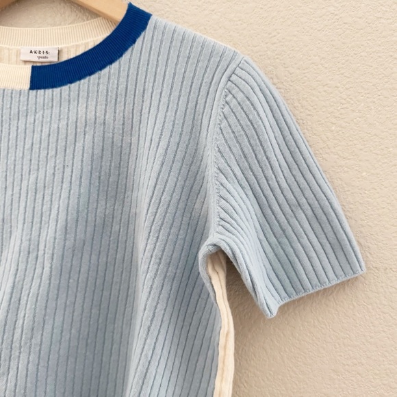 Akris Punto Virgin Wool Short Sleeve Sweater Womens US 14 Blue Cream Ribbed Crew - Picture 10 of 13